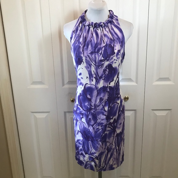 Taylor Dresses & Skirts - Taylor Silk Purple Floral Shift Dress Ruffle Neck